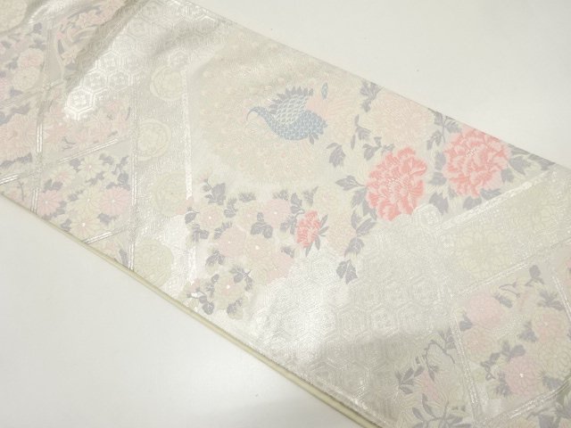 JAPANESE KIMONO / ANTIQUE PEACOCK / PEONY WOVEN- PATTERN FUKURO OBI (M